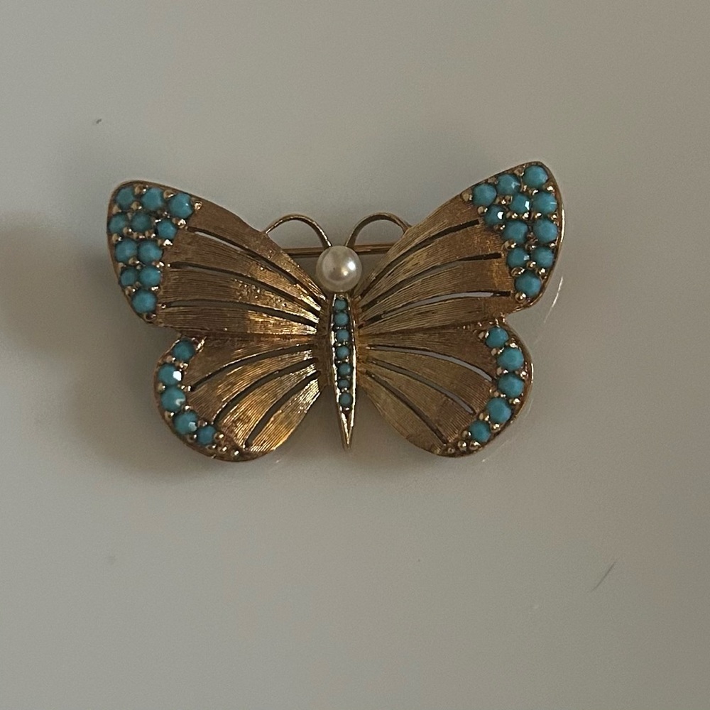 Vintage Panetta Gold Tone and Faux Turquoise Butterfly Brooch